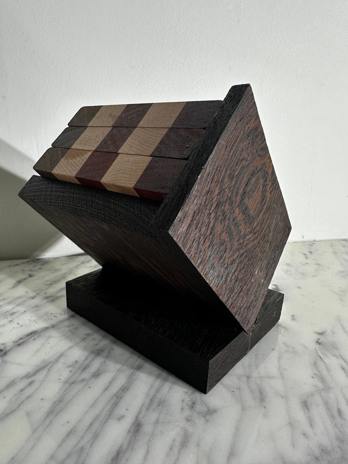set of 3 Walnut, Paduak and Maple Coasters with modern Wenge Stand